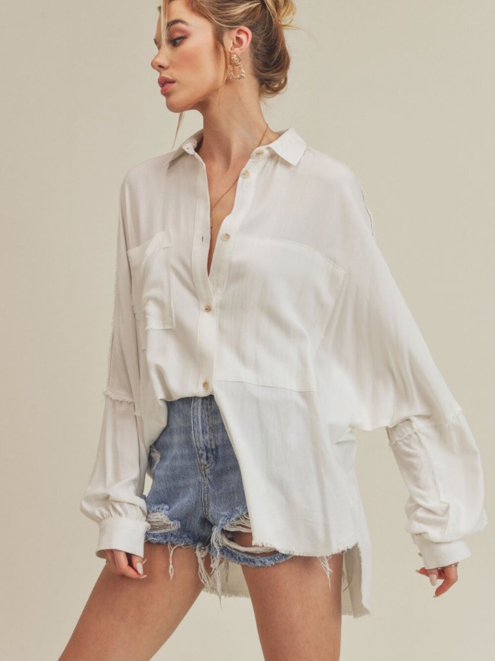 AEMI+CO White Delilah Oversized Raw Edge Button Down Shirt S Boho Coastal Cotton